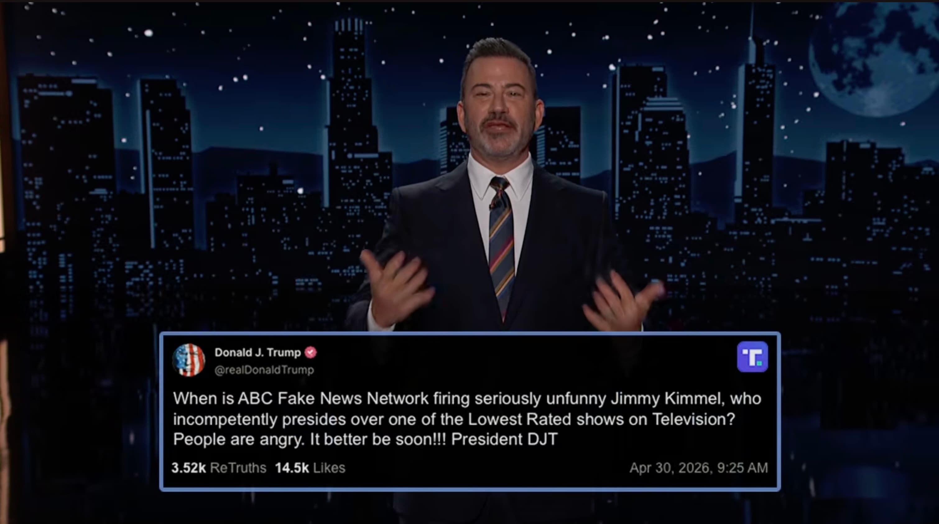 Jimmy Kimmel After President’s Latest Call For His Firing: “Trump Has 3 Wars Going On Right Now – Iranians, Ukrainians & Comedians”