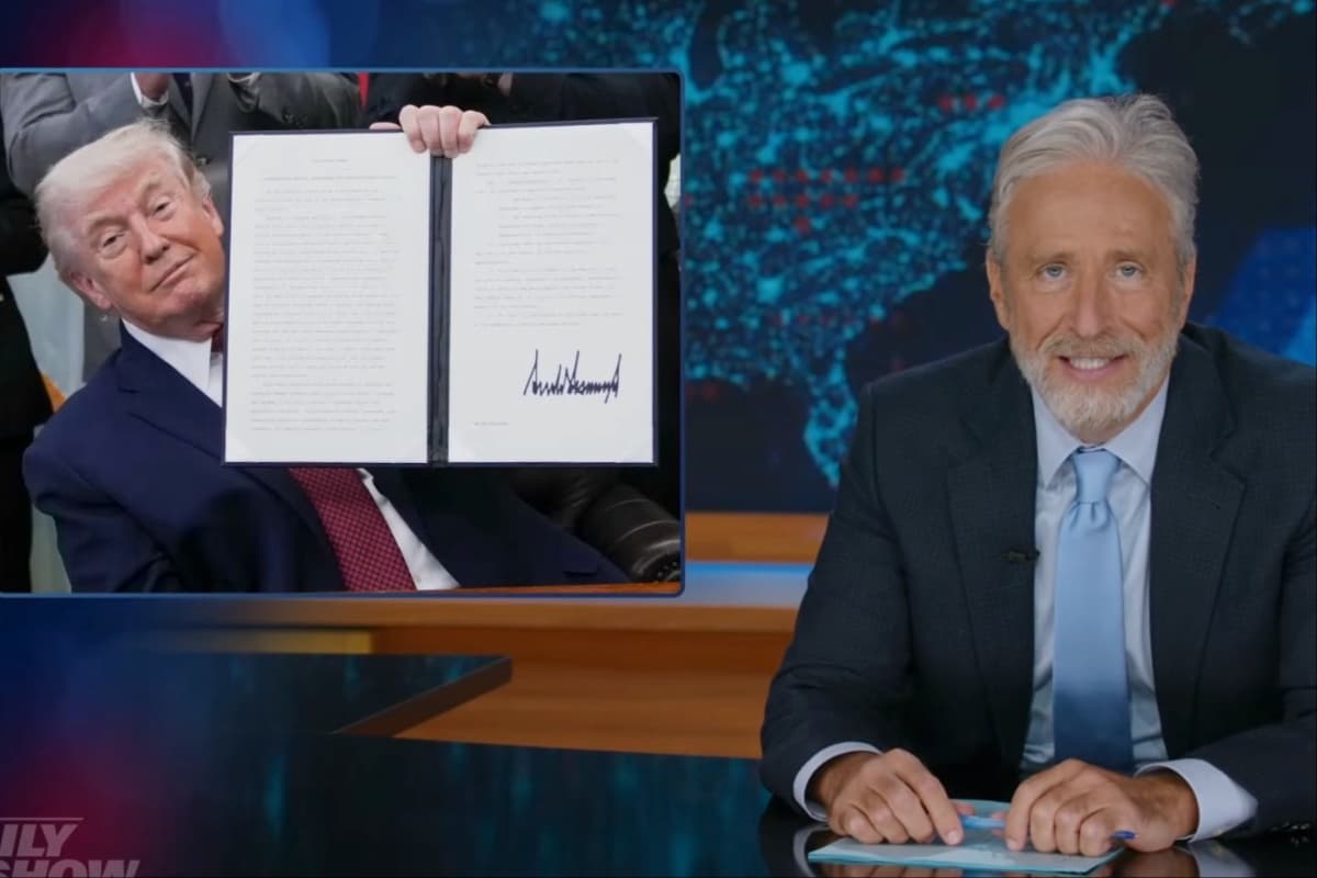 Jon Stewart Jokes That Donald Trump Is on Psychedelics After ‘Weird as S—‘ Bill Signing: ‘Have You Ever Really Looked at Your Signature, on Weed?’