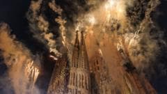 Fireworks illuminate Barcelona's Sagrada Família during Pope visit