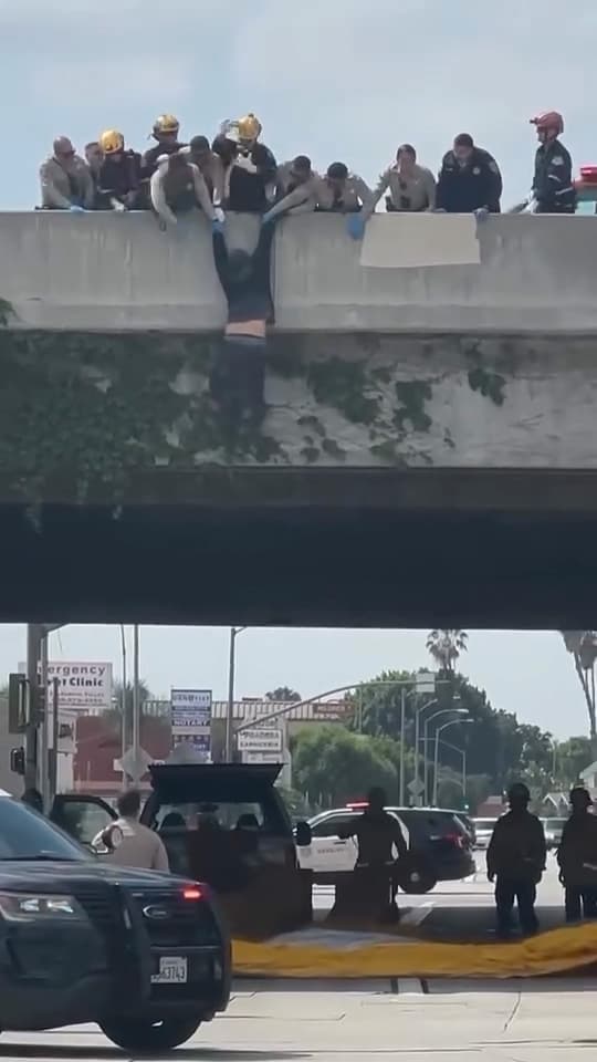 Heart-stopping moment rescuers swoop in on man trying to jump from LA overpass