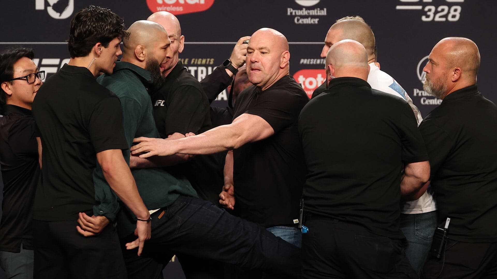 WATCH: Khamzat Chimaev kicks Sean Strickland during chaotic face off at UFC 328 press conference