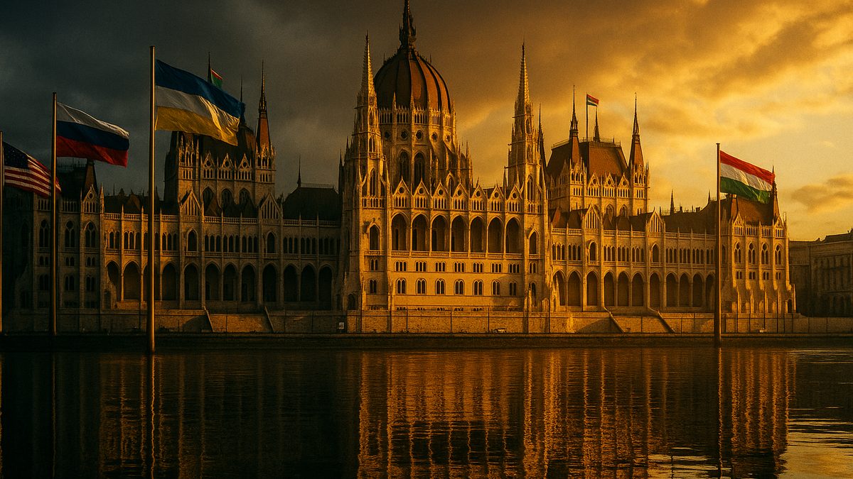 Hungarian Parliament building in Budapest with flags of competing nations, symbolizing geopolitical power struggle