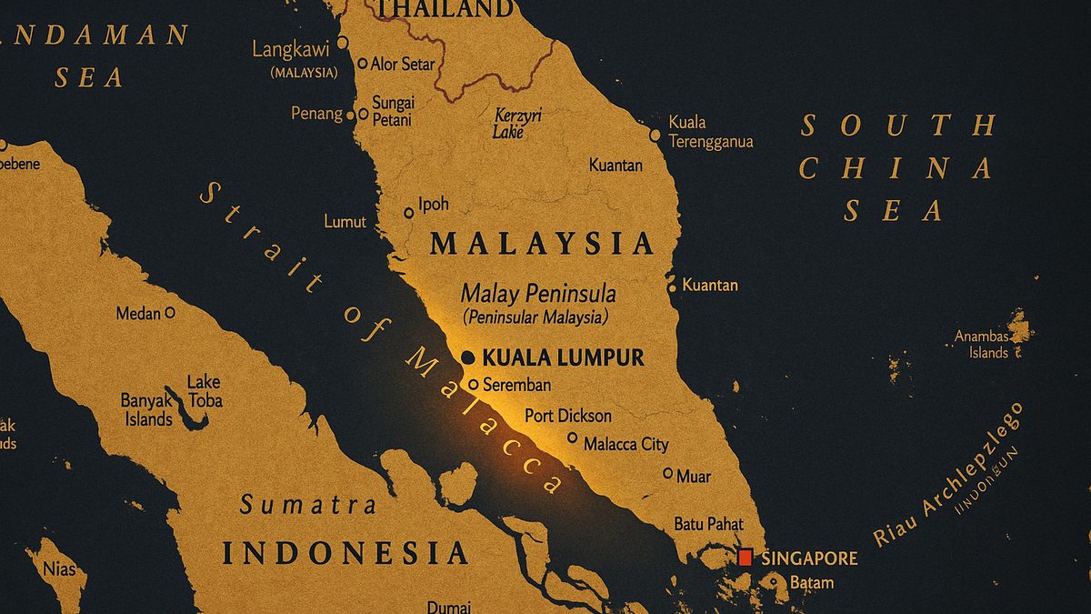 Aerial view of the Strait of Malacca, the world's most consequential energy chokepoint, with oil tankers passing between Malaysia and Indonesia
