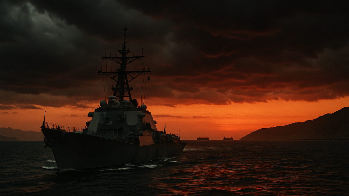 Oil tanker navigating the Strait of Hormuz at golden hour