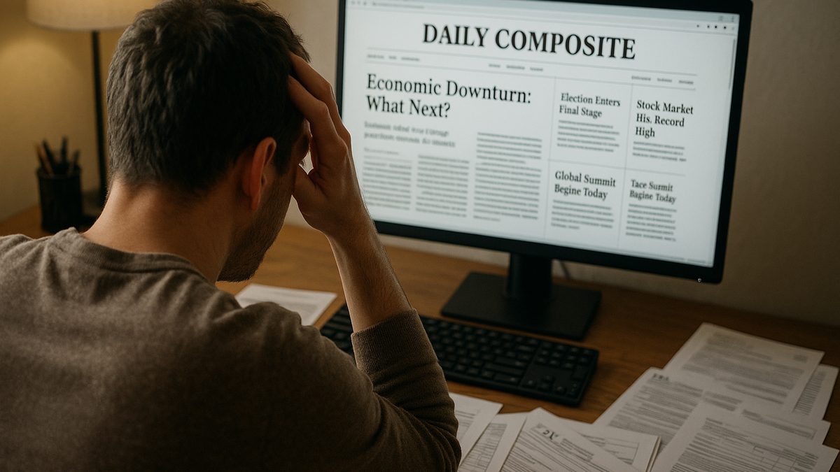 Person sitting at a desk looking confused at the Daily Composite website on their computer screen, tax papers scattered around